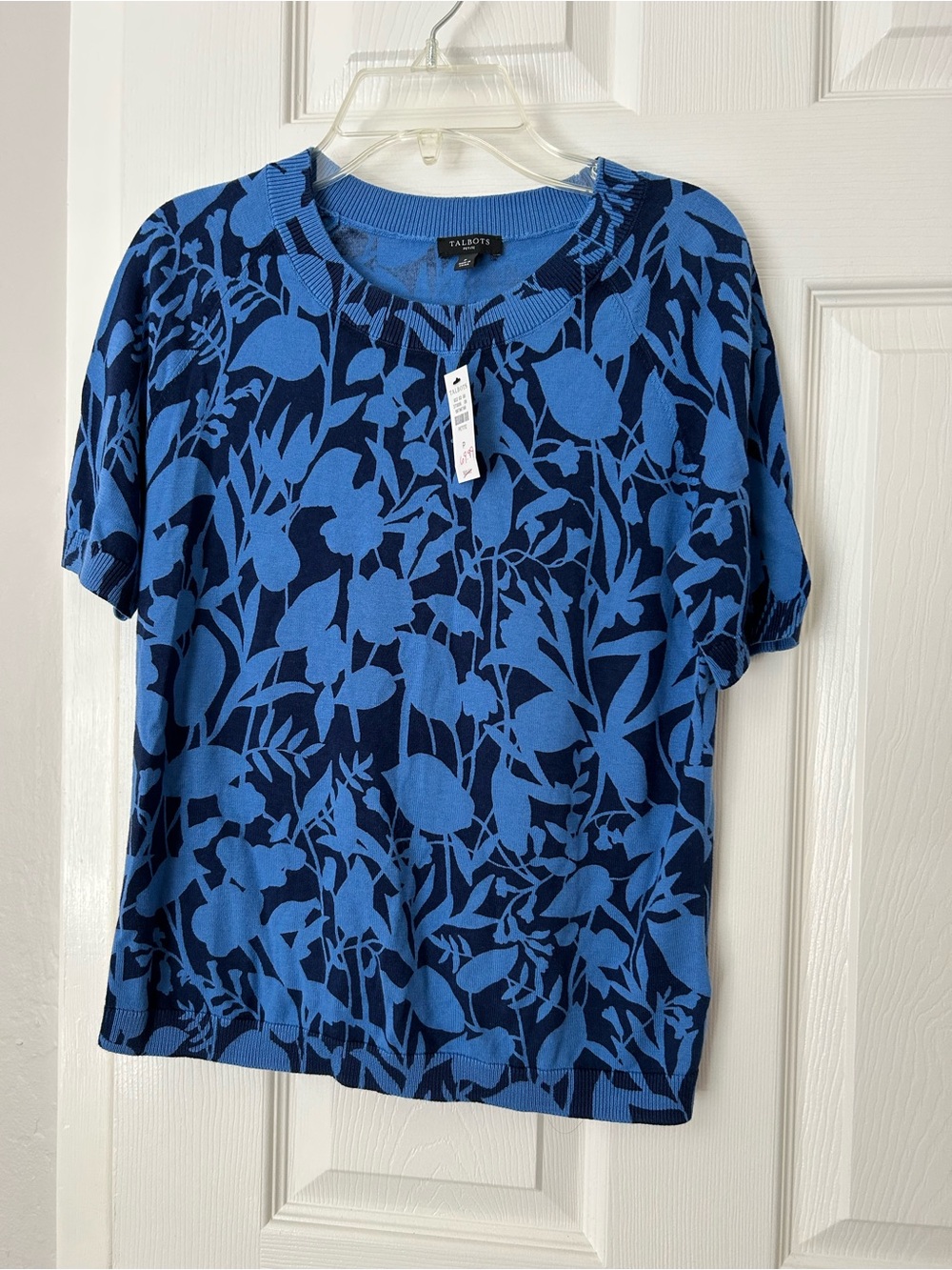Talbots Navy and Bright Blue Floral Crewneck Cotton Sweater